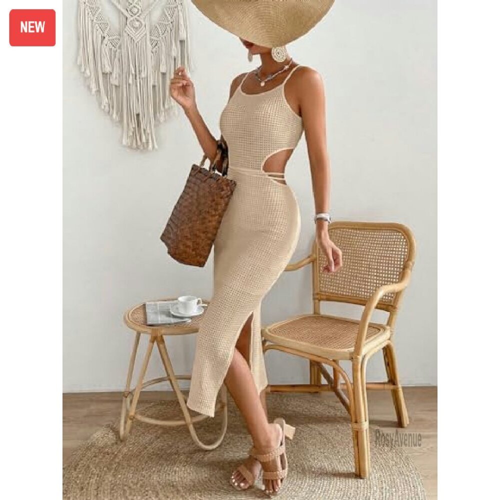 Cut Out Criss Cross Tie Back Midi Bodycon Dress Soft Stretch Fabric - Picture 3 of 6